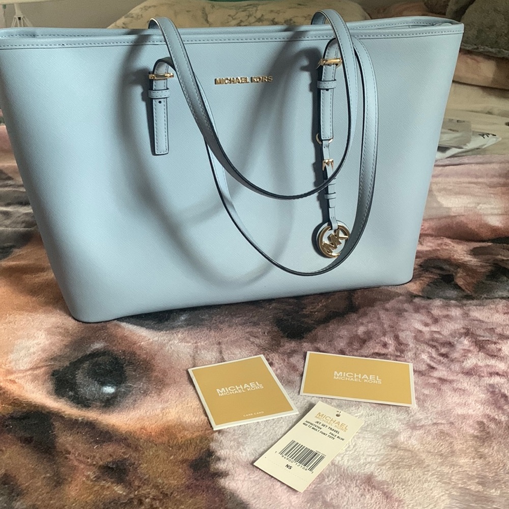 Michael Kors Jet Set Travel Medium Top Zip Multi Function Tote in Pale Blue